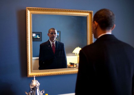 Barack Obama takes one last look in the mirror before going out to take the oath of office