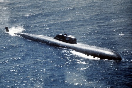Aerial starboard beam view of a Soviet Charlie I class nuclear-powered submarine - Public Domain